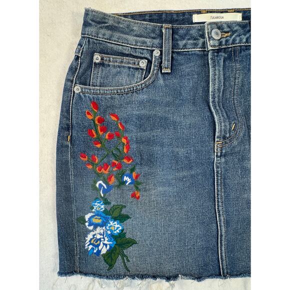 Tularosa embroidered denim mini skirt flower blue jean cut off 27 S 4 6 - Picture 2 of 8
